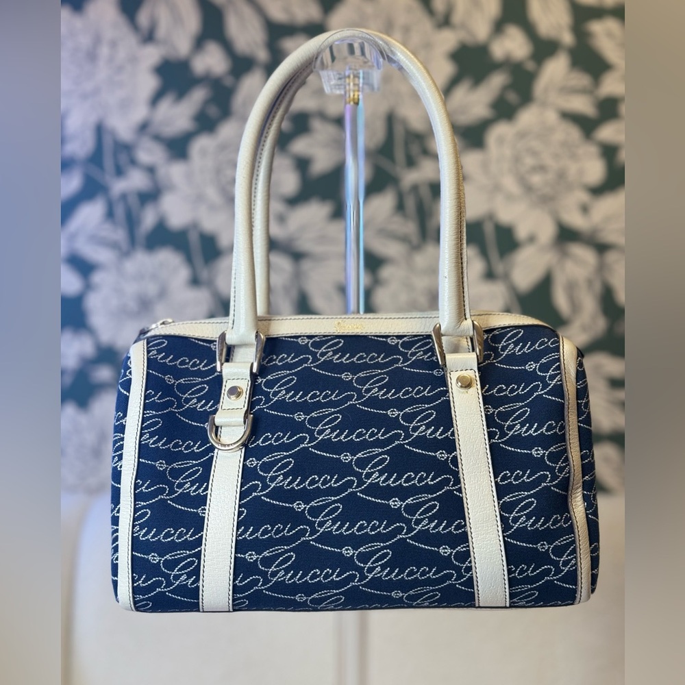 Gucci Denim Script Boston Bag with White Leather Trim